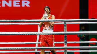 India's Jaismine Lamboria, recently crowned world champion in the women's 57kg category, reacts after defeating Kazakhstan's Ulzhan Sarsenbek in the semi-finals of the World Boxing Cup Finals in Greater Noida. Image credit: BFI