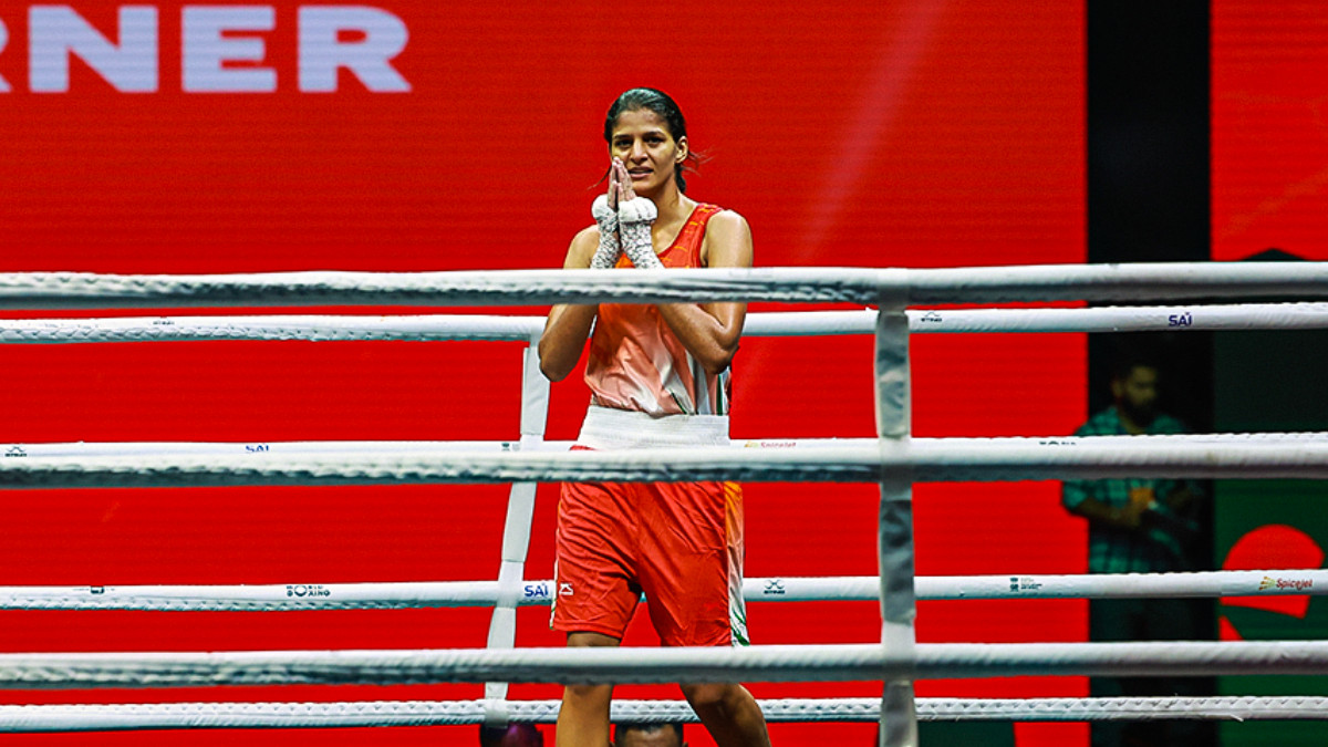 India's Jaismine Lamboria, recently crowned world champion in the women's 57kg category, reacts after defeating Kazakhstan's Ulzhan Sarsenbek in the semi-finals of the World Boxing Cup Finals in Greater Noida. Image credit: BFI India's Jaismine Lamboria, recently crowned world champion in the women's 57kg category, reacts after defeating Kazakhstan's Ulzhan Sarsenbek in the semi-finals of the World Boxing Cup Finals in Greater Noida. Image credit: BFI