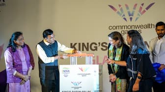 Union Sports and Youth Affairs Minister Mansukh Mandaviya unveils the 'King's Baton Relay’ for 'Glasgow 2026 Commonwealth Games'. Image: PTI 