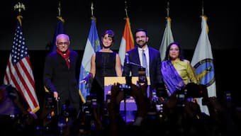 Democratic candidate for New York City mayor Zohran Mamdani stands with his wife Rama Duwaji, mother Mira Nair and father Mahmood Mamdani after winning the 2025 New York City Mayoral race, at an election night rally in the Brooklyn borough of New York City, New York, US, November 4, 2025. File Image/Reuters