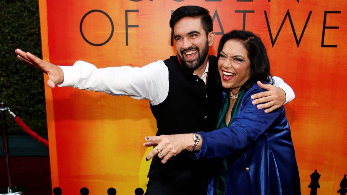 Director Mira Nair (R) and her son Zohran Mamdani (L) poses during the Los Angeles premiere of 