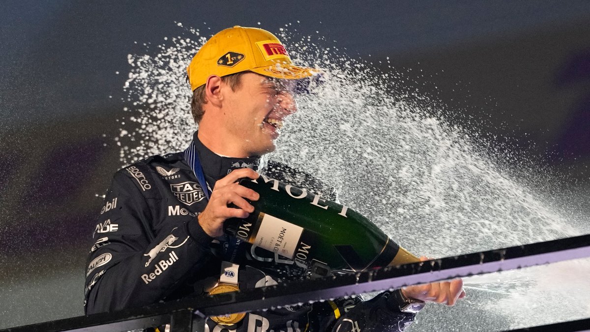 Red Bull Racing's Max Verstappen celebrates on the podium after winning the Las Vegas Grand Prix in Las Vegas, USA. AP Red Bull Racing's Max Verstappen celebrates on the podium after winning the Las Vegas Grand Prix in Las Vegas, USA. AP
