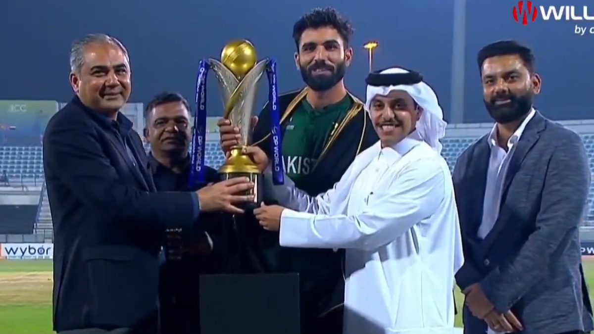 Mohsin Naqvi handed over the Asia Cup Rising Stars 2025 trophy to Pakistan team on Sunday. Image: Cricbuzz Mohsin Naqvi handed over the Asia Cup Rising Stars 2025 trophy to Pakistan team on Sunday. Image: Cricbuzz