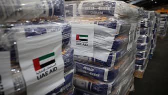 Aid donated by the UAE for the people of Gaza is stored in a warehouse at the port of Limassol, Cyprus, on November 7, 2025. Reuters File