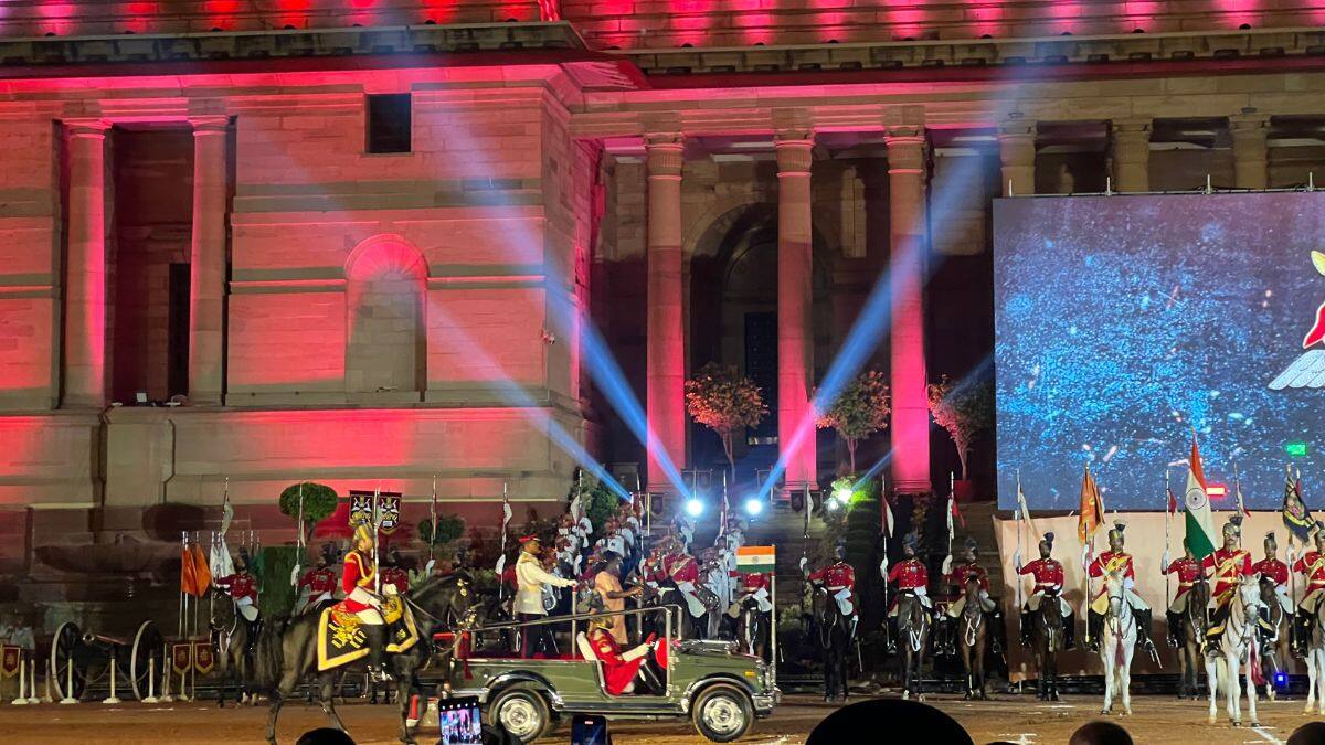President Droupadi Murmu can be seen inspecting the troops of the President's Bodyguard during the Diamond Jubilee Silver Trumpet and Trumpet Banner presentation ceremony at the forecourt of the Rashtrapati Bhavan, New Delhi on September 30, 2025. Firstpost/Anmol Singla