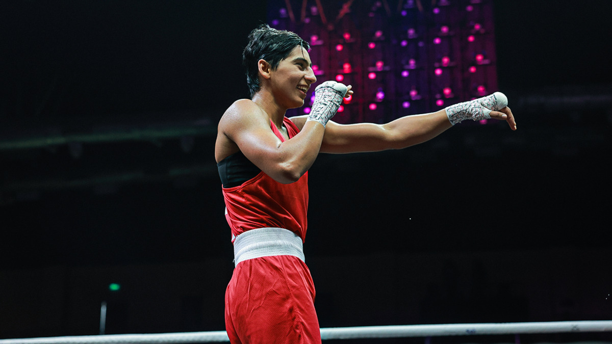 Preeti Pawar celebrates after defeating Italy's Sirine Charrabi to win gold in the women's 54kg category. Image credit: BFI Preeti Pawar celebrates after defeating Italy's Sirine Charrabi to win gold in the women's 54kg category. Image credit: BFI