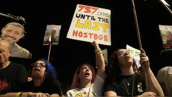 Relatives and supporters of hostages held by Hamas in the Gaza Strip attend a rally calling for their immediate release in Tel Aviv, Israel, Saturday, Nov. 1, 2025. (AP Photo/Mahmoud Illean)

