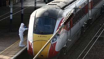 A forensic officer inspects the London North Eastern Railway train where a series of stabbings took place, at a platform at Huntingdon Station, near Cambridge, Britain, November 2, 2025.  - Reuters