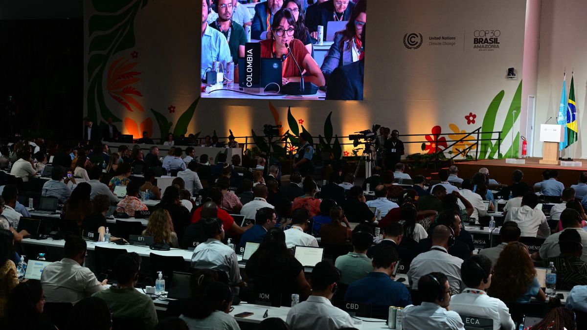 Daniela Duran (on screen), head of the International Affairs Office at Colombia's Environment Ministry, speaks during the plenary session at the COP30 UN Climate Change Conference in Belem, Para state, Brazil, on November 22, 2025. Image- AFP Daniela Duran (on screen), head of the International Affairs Office at Colombia's Environment Ministry, speaks during the plenary session at the COP30 UN Climate Change Conference in Belem, Para state, Brazil, on November 22, 2025. Image- AFP