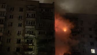 A residential building is seen on fire following a Russian drone attack on the city of Vyshhorod, in the Kyiv region early on November 30, 2025, amid the Russian invasion of Ukraine.- AFP