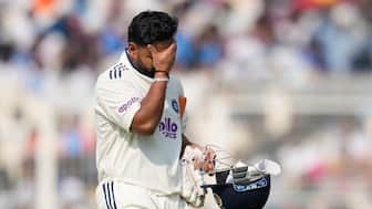 Rishabh Pant reacts as he walks off the field after losing his wicket on the third day of the first cricket test match between India and South Africa in Kolkata, India, Sunday, Nov. 16, 2025. AP