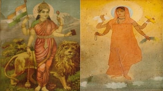 Abanindranath Tagore’s 1905 painting of Bharat Mata (left) showed a saffron-robed, serene woman—gentle, ascetic and unarmed. The transformation from Shakti to Sadhvi was further solidified when Mahatma Gandhi entered the freedom movement arena in the country. Images: Wikimedia Commons 