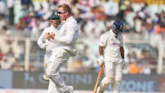 South African off-spinner Simon Harmer, who was adjudged the Player of the Match for his match haul of 8/51, celebrates after dismissing Indian stand-in captain Rishabh Pant on Day 3 of the first Test at Kolkata's Eden Gardens. AP