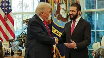 In this photo released by Syrian Presidency press office, US President Donald Trump, left, shakes hands with Syria's President Ahmad al-Sharaa, at the White House in Washington, DC, US, November 10, 2025. Image/AP
