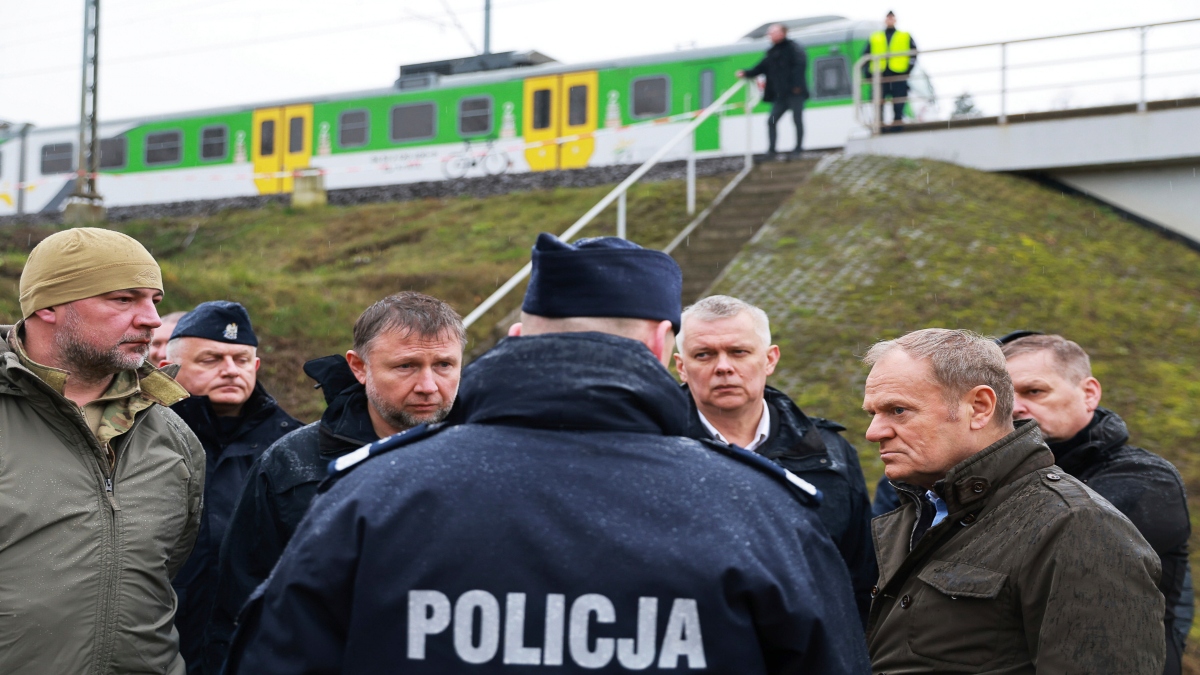 Prime Minister Donald Tusk, second right, visits site of the rail line Mika, that was damaged by sabotage, near Deblin, Poland, on Nov. 17, 2025. AP File Prime Minister Donald Tusk, second right, visits site of the rail line Mika, that was damaged by sabotage, near Deblin, Poland, on Nov. 17, 2025. AP File