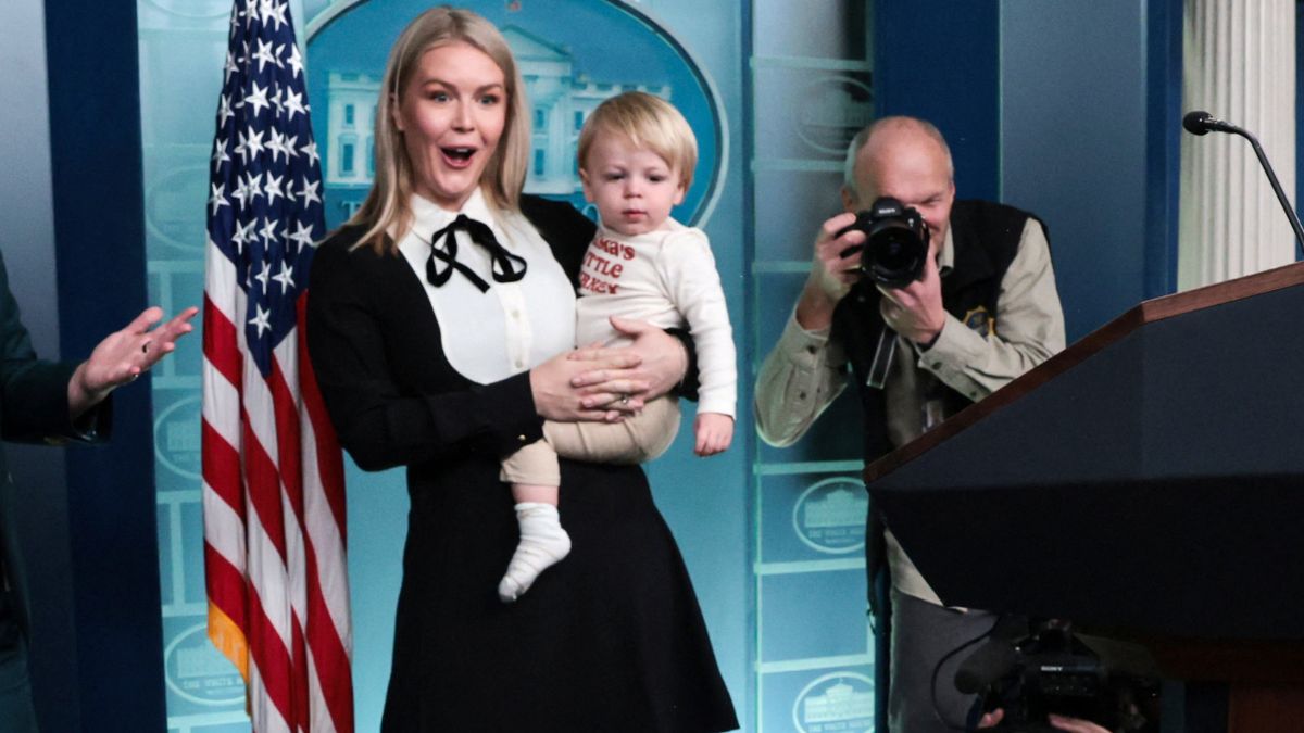 White House Press Secretary Karoline Leavitt, holding her son Niko. Image: Reuters White House Press Secretary Karoline Leavitt, holding her son Niko. Image: Reuters