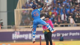 India's Virat Kohli celebrates his century during the first One Day International match between India and South Africa in Ranchi, India, Sunday, Nov. 30, 2025. AP