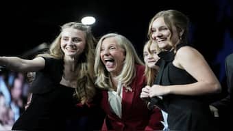 Democrat Abigail Spanberger with her family on stage after her victory speech over Republican Winsome Earle-Sears in Virginia's race for governor in Richmond, Virginia. Reuters