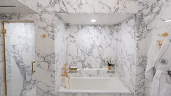 The upgraded Lincoln Bathroom, which U.S. President Donald Trump describes as having "highly polished, statuary marble", at the White House in Washington, DC. Image courtesy: @realDonaldTrump/Truth Social