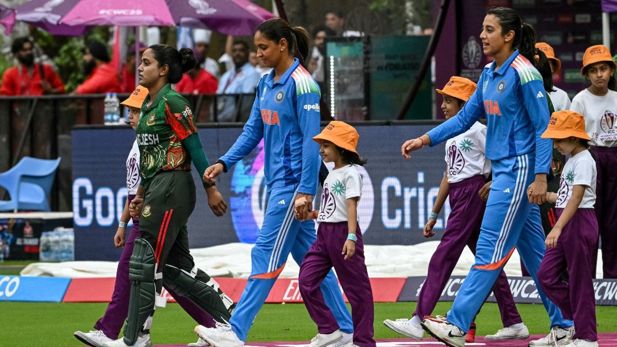 Nigar Sultana walks with Harmanpreet Kaur during their ICC Women's World Cup 2025 match. Image: AFP Nigar Sultana walks with Harmanpreet Kaur during their ICC Women's World Cup 2025 match. Image: AFP