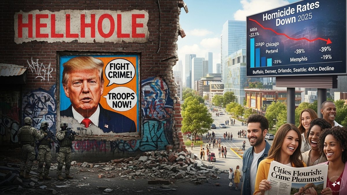US crime data: Trump’s ‘hellhole’ cities don’t back his claim, homicide rate over 40% down. Image: AI generated. US crime data: Trump’s ‘hellhole’ cities don’t back his claim, homicide rate over 40% down. Image: AI generated.