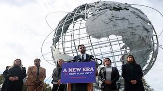 Zohran Mamdani alongside his transition team, from left, Elana Leopold, Melanie Hartzog, Maria Torres-Springer, Grace Bonilla and Lina Khan, in Queens, New York, on 5 November 2025. AP
