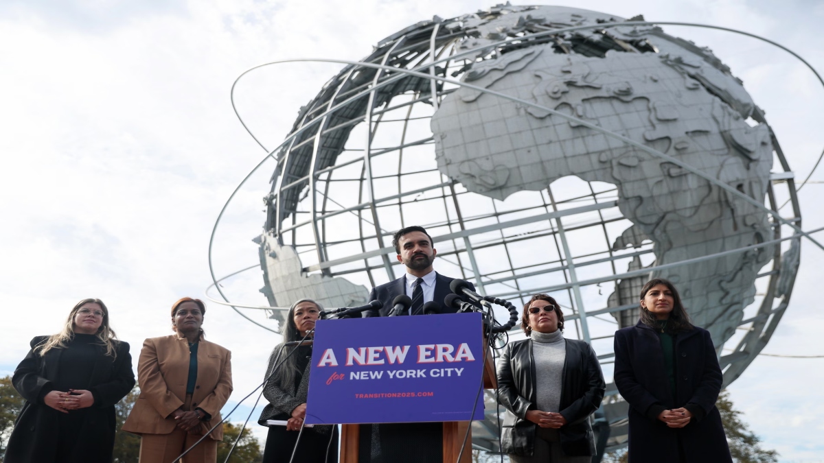 Zohran Mamdani alongside his transition team, from left, Elana Leopold, Melanie Hartzog, Maria Torres-Springer, Grace Bonilla and Lina Khan, in Queens, New York, on 5 November 2025. AP Zohran Mamdani alongside his transition team, from left, Elana Leopold, Melanie Hartzog, Maria Torres-Springer, Grace Bonilla and Lina Khan, in Queens, New York, on 5 November 2025. AP