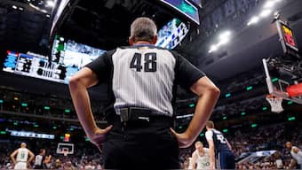 Referee Scott Foster standing on the baseline during a game at 2024 NBA Finals. Image: Reuters 