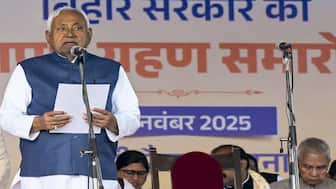 JD(U) leader Nitish Kumar takes oath as chief minister of Bihar during the swearing-in ceremony of the newly formed Bihar government, at Gandhi Maidan, in Patna. PTI