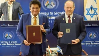 Union Minister Piyush Goyal with Minister of Economy and Industry of Israel Nir Barkat during signing of the Terms of Reference to guide the negotiations for a free trade agreement, in Israel, November 20. Image: @PiyushGoyal/X via PTI Photo
