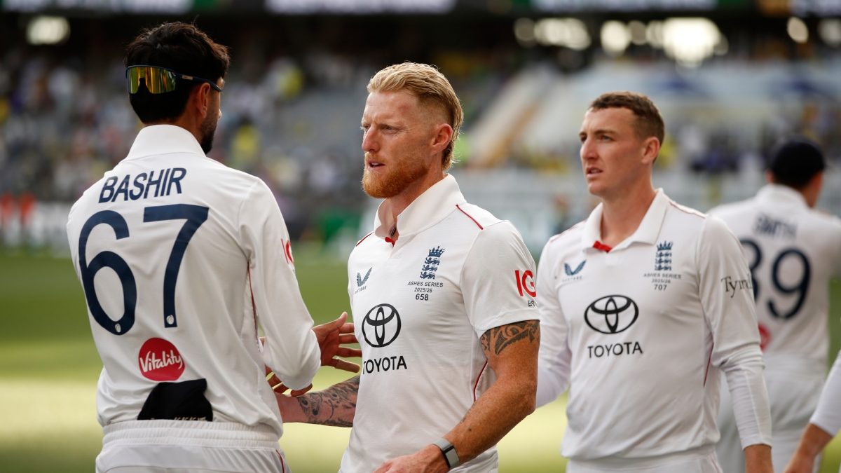England's captain Ben Stokes, second left, shakes hands with teammate Shoaib Bashir as he leaves the field after losing the first Ashes cricket test match against Australia in Perth, Saturday, Nov. 22, 2025. AP England's captain Ben Stokes, second left, shakes hands with teammate Shoaib Bashir as he leaves the field after losing the first Ashes cricket test match against Australia in Perth, Saturday, Nov. 22, 2025. AP