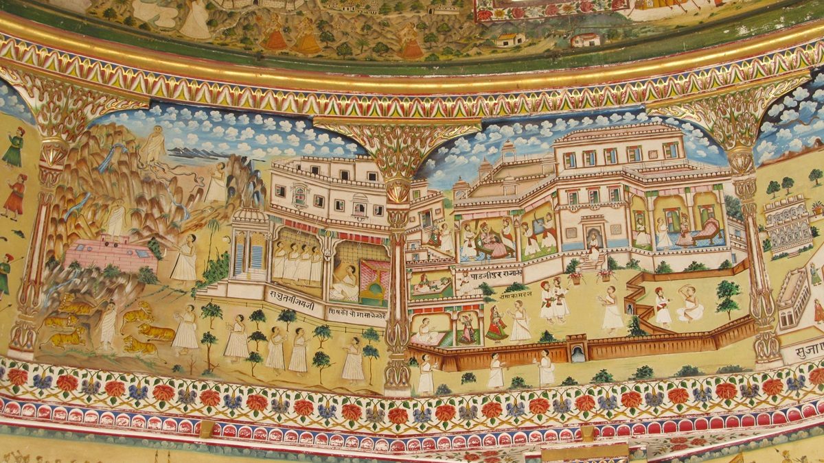 As many as 12 entire stories are painted on the walls of a Jain temple in Bikaner. As many as 12 entire stories are painted on the walls of a Jain temple in Bikaner.