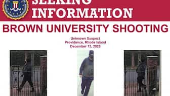 An image posted to FBI Director Kash Patel's X account and shown at a press conference shows a person described as an unknown suspect in the Brown University shooting, as the search for the shooter continues, in Providence, Rhode Island, U.S., December 15, 2025. FBI/Handout via REUTERS
