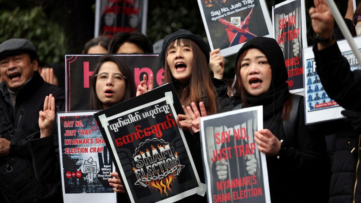 Myanmar protesters residing in Japan hold placards and raise three-finger salutes during a rally denouncing an upcoming election led by the military junta and demanding the immediate release of Myanmar's detained former leader Aung San Suu Kyi and all political prisoners, outside Myanmar's embassy in Tokyo, Japan. File image/Reuters Myanmar protesters residing in Japan hold placards and raise three-finger salutes during a rally denouncing an upcoming election led by the military junta and demanding the immediate release of Myanmar's detained former leader Aung San Suu Kyi and all political prisoners, outside Myanmar's embassy in Tokyo, Japan. File image/Reuters
