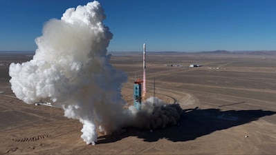 Zhuque-3 rocket by China’s private rocket firm LandSpace, takes off from the Jiuquan Satellite Launch Center, China, December 3, 2025, in this screengrab taken from handout drone footage provided by LandSpace. LandSpace/Handout via REUTERS