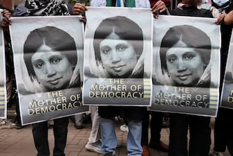 Supporters hold posters of Bangladesh's former Prime Minister Khaleda Zia following her death at the Evercare Hospital in Dhaka, Bangladesh. File image/Reuters