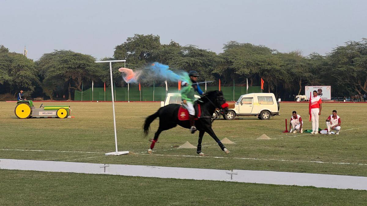 Colonel Amit Berwal, commandant of the President’s Bodyguard showcases his skills during the trick-riding following the President’s Polo Cup held at the President’s Bodyguard Parade Ground in New Delhi, November 29, 2025. Firstpost/Anmol Singla