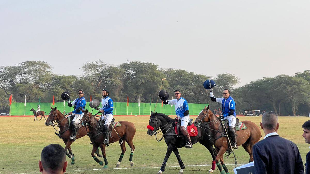 Representing the Bodyguard team (L to R) Simran Singh Shergill, Sawai Padmanabh Singh, Colonel Amit Berwal and Naveen Jindal take a victory lap after winning the President’s Polo Cup held at the President’s Bodyguard Parade Ground in New Delhi, November 29, 2025. Firstpost/Anmol Singla