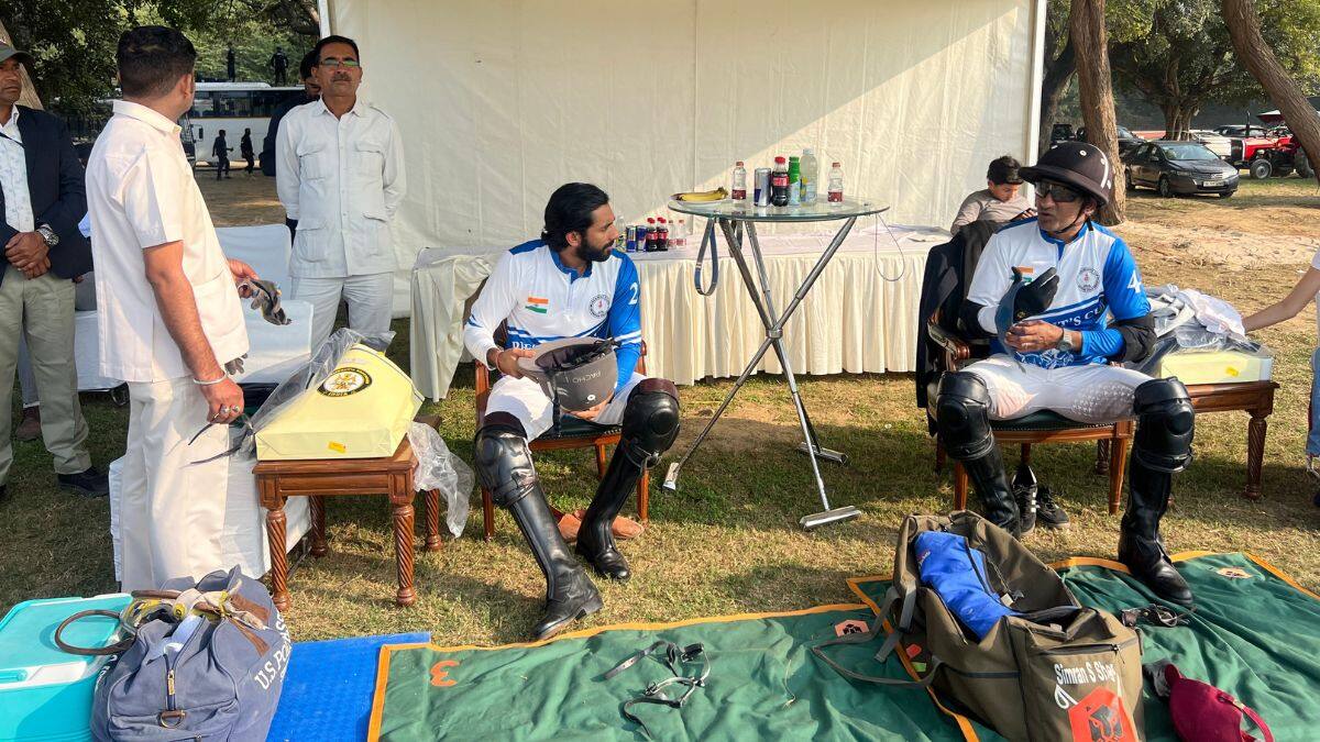 Representing the Bodyguard team, Sawai Padmanabh Singh and Simran Singh Shergill, both current players of the Indian polo team, talk strategy ahead of the President’s Polo Cup held at the President’s Bodyguard Parade Ground in New Delhi, November 29, 2025. Firstpost/Anmol Singla