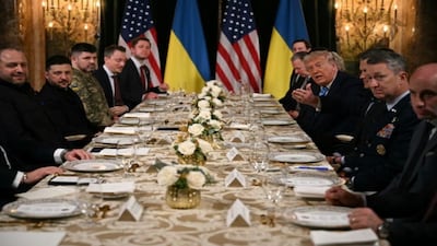 Donald Trump meets Volodymyr Zelenskyy alongside other officials at his Mar-a-Lago residence in Palm Beach, Florida. AFP