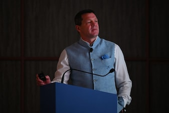 Indigo CEO Pieter Elbers addresses a media briefing in New Delhi. File image/AFP