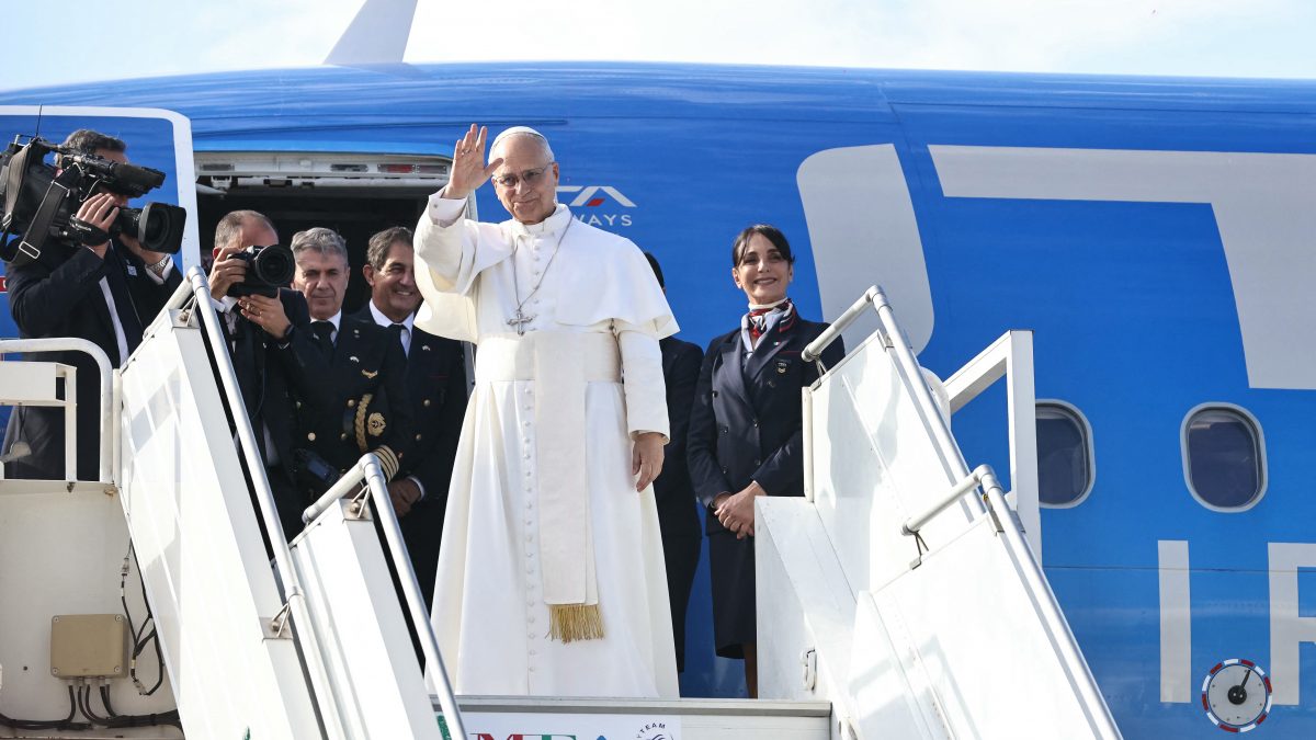 Pope Leo XIV waves upon departing Beirut International Airport on December 2, 2025. (AFP) Pope Leo XIV waves upon departing Beirut International Airport on December 2, 2025. (AFP)