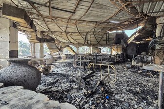 A burned-out interior is seen inside the Birch nightclub following a fire that broke out last midnight, in Goa on December 7, 2025. (AFP)