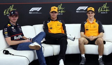 Red Bull's Max Verstappen, McLaren's Lando Norris and McLaren's Oscar Piastri during a press conference ahead of Abu Dhabi Grand Prix. AFP