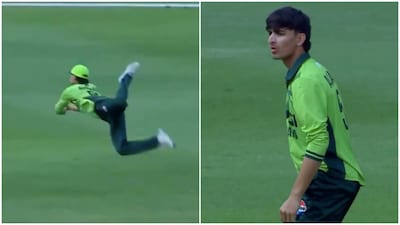 Ahmed Hussain completed a superb diving catch to dismiss Vedant Trivedi during the U-19 Asia Cup Group A showdown between India and Pakistan in Dubai. Image credit: Screengrab/SonyLIV