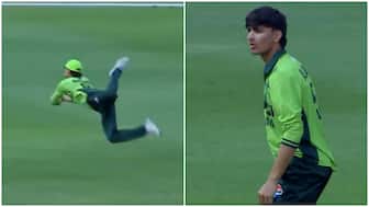 Ahmed Hussain completed a superb diving catch to dismiss Vedant Trivedi during the U-19 Asia Cup Group A showdown between India and Pakistan in Dubai. Image credit: Screengrab/SonyLIV