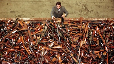 A pile of about 4,500 prohibited firearms in Sydney that were taken out of circulation during the Australian government’s buy-back operation following the 1996 Port Arthur massacre. File Image/Reuters