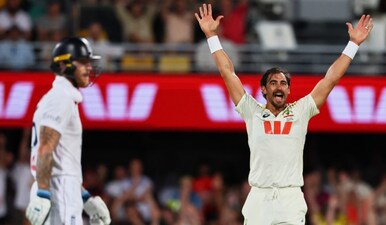 Australia's Mitchell Starc appeals unsuccessfully for the wicket of England's captain Ben Stokes, left, during the second Ashes cricket test match between Australia and England in Brisbane, Saturday, Dec. 6, 2025. AP