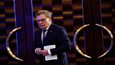 German Foreign Minister Johann Wadephul arrives for a press conference in Beijing, China, on Monday. Reuters