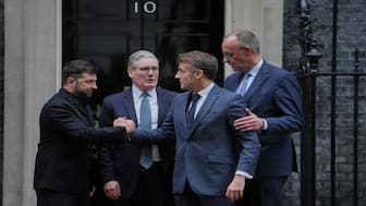 Ukrainian President Volodymyr Zelenskyy, left, with Britain's Prime Minister Keir Starmer, French President Emmanuel Macron, and German Chancellor Friedrich Merz pose on the doorstep of 10 Downing Street, London, on Monday, following a meeting of the leaders inside. AP